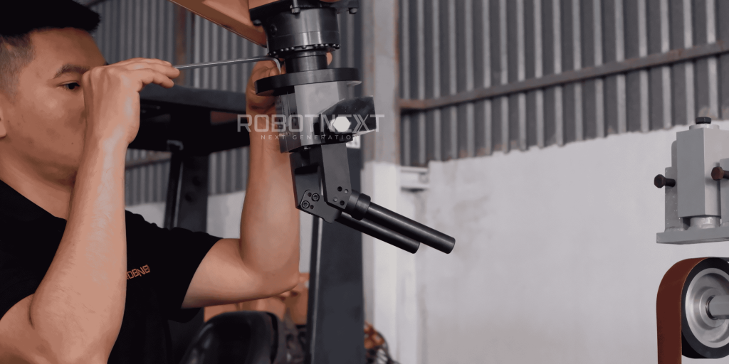5 thành phần cấu trúc cánh tay robot trong công nghiệp quan trọng 4 Kỹ sư Robotnext đang thực hiện chỉnh sửa bộ phận end effector cho cánh tay robot công nghiệp