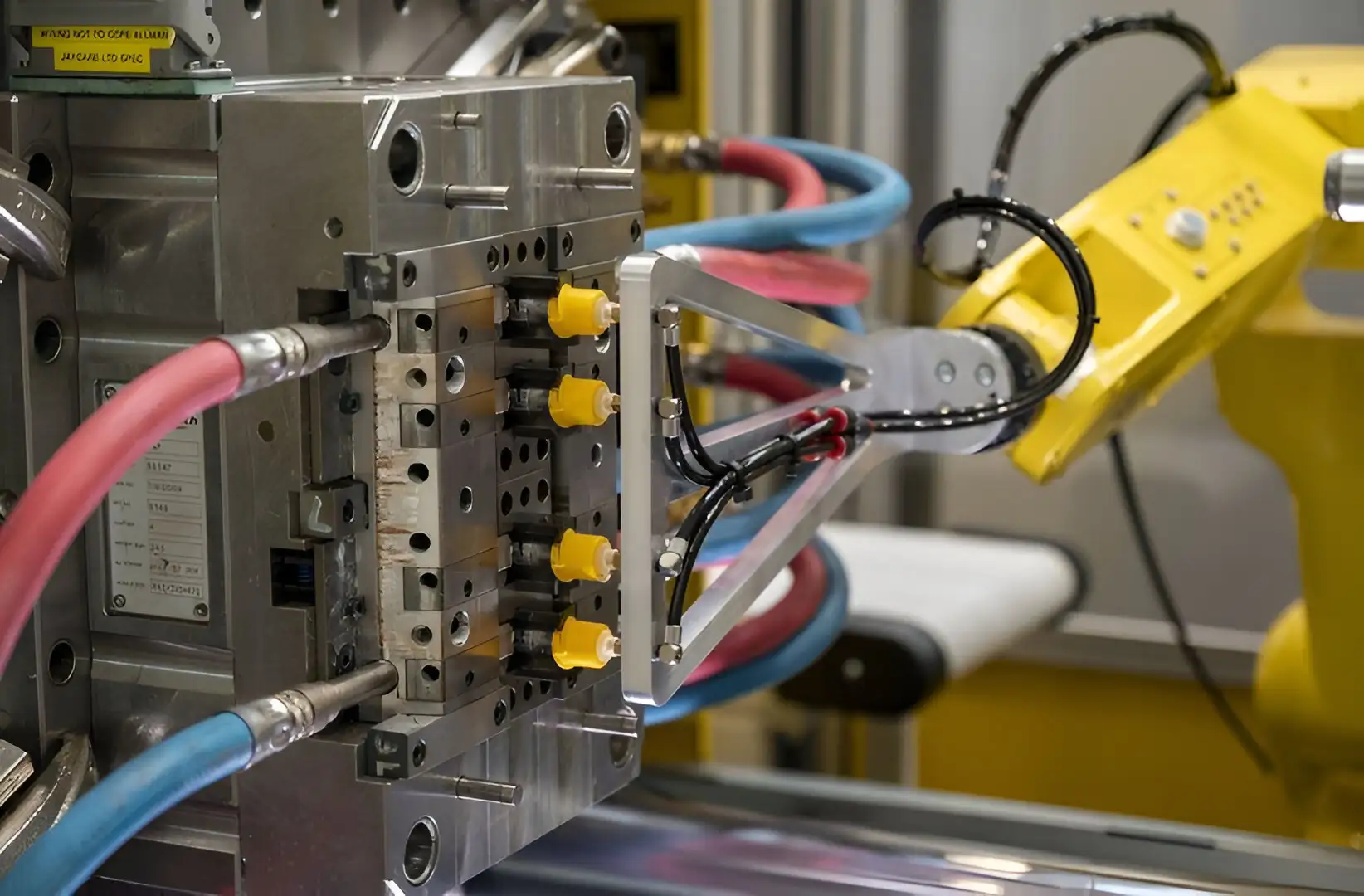 Cách vận hành robot với máy ép nhựa công nghiệp hiệu quả 3 Robot đang tiếp cận khuôn ép nhựa với hệ thống kẹp hút, chuẩn bị lấy sản phẩm