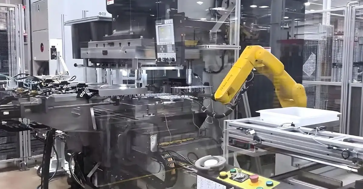 Máy dập kim loại kết hợp công nghệ tự động hóa với cánh tay robot