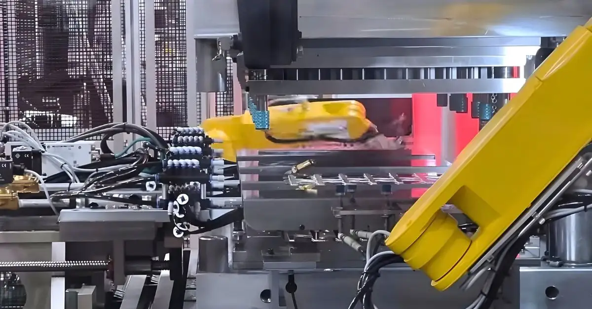 Robot công nghiệp thực hiện thao tác cấp phôi và lấy sản phẩm trong quy trình dập kim loại