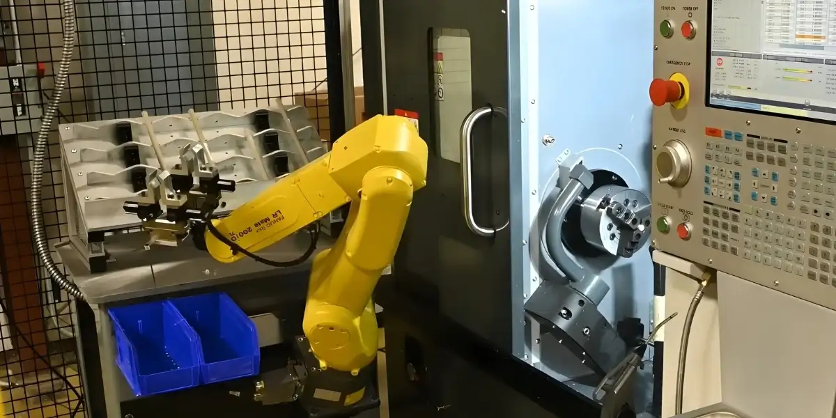Hiểu rõ cách robot vận hành với máy CNC nhịp nhàng trong sản xuất 4 Robot đưa phôi sau khi gia công từ máy CNC ra rổ chứa phôi và lặp lại chu trình sản xuất
