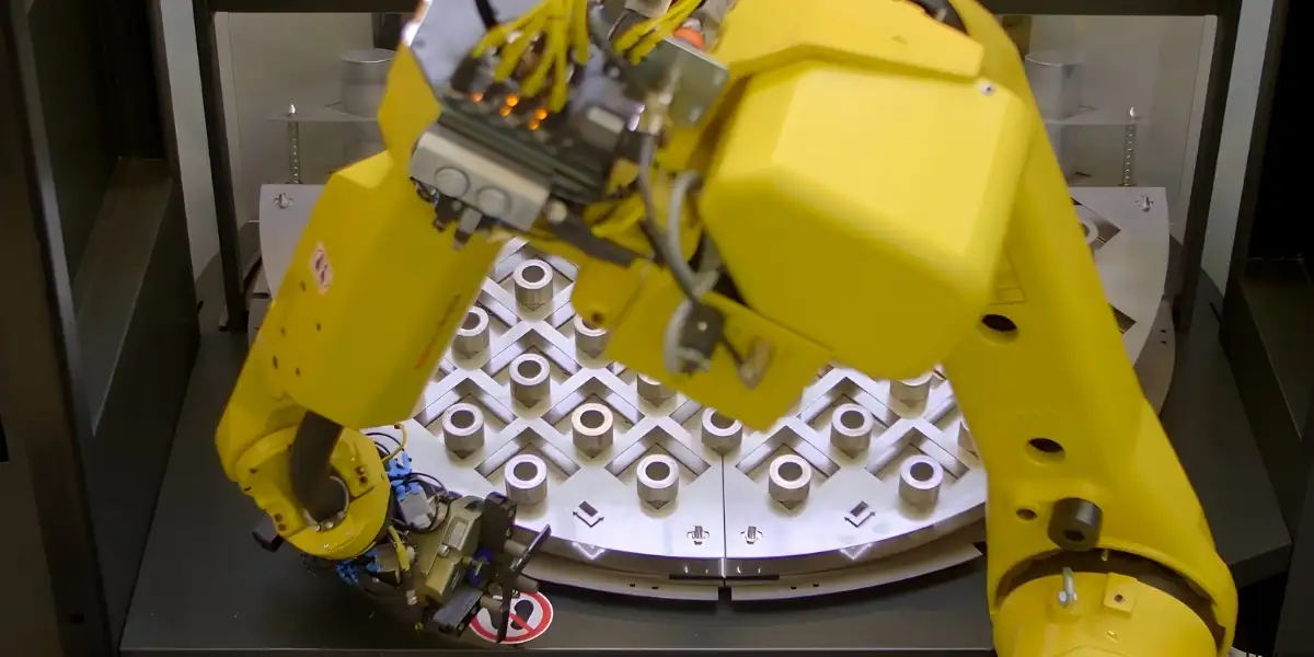 Nạp phôi tự động cho máy CNC với cánh tay robot công nghiệp 3 Robot tự động xoay bàn gá phôi giúp linh hoạt hơn trong quá trình cấp phôi