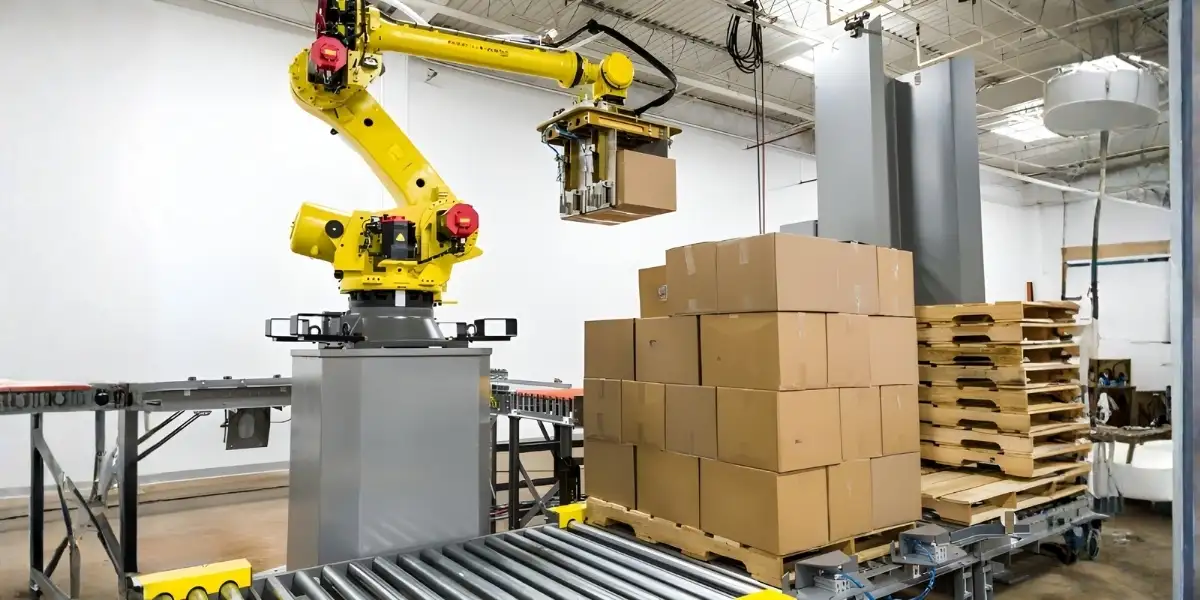 Ứng dụng robot đa ngành tạo ra tác động lớn trong sản xuất công nghiệp 2 Robot xếp hàng lên pallet trong dây chuyền sản xuất