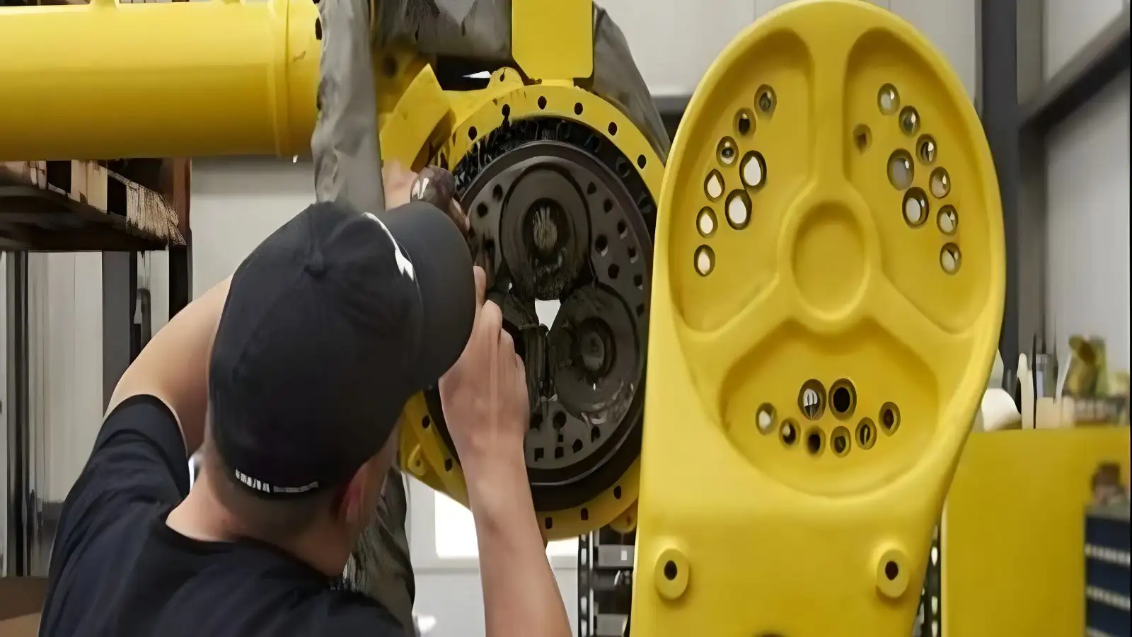 Kỹ thuật viên tháo cụm khớp robot để kiểm tra