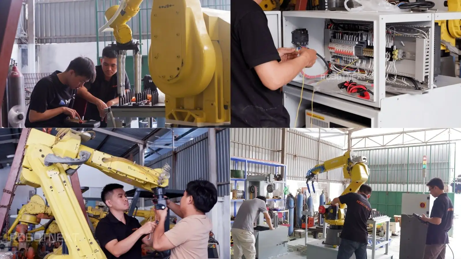 Kỹ sư Robotnext đang lắp đặt và hiệu chỉnh hệ thống robot công nghiệp