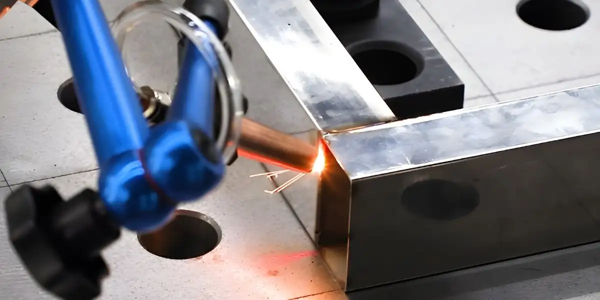 Robot hàn laser đang thực hiện mối hàn góc