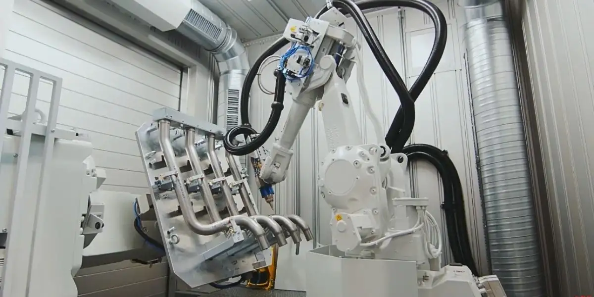 Robot hàn laser đang xử lý cụm ống kim loại